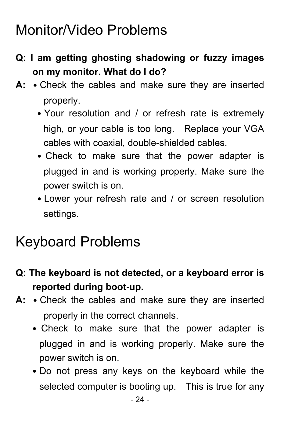 Monitor/video problems, Keyboard problems | D-Link DKVM-8E User Manual | Page 26 / 30