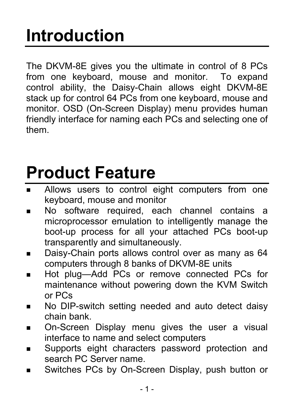 Introduction, Product feature | D-Link DKVM-8E User Manual | Page 3 / 30