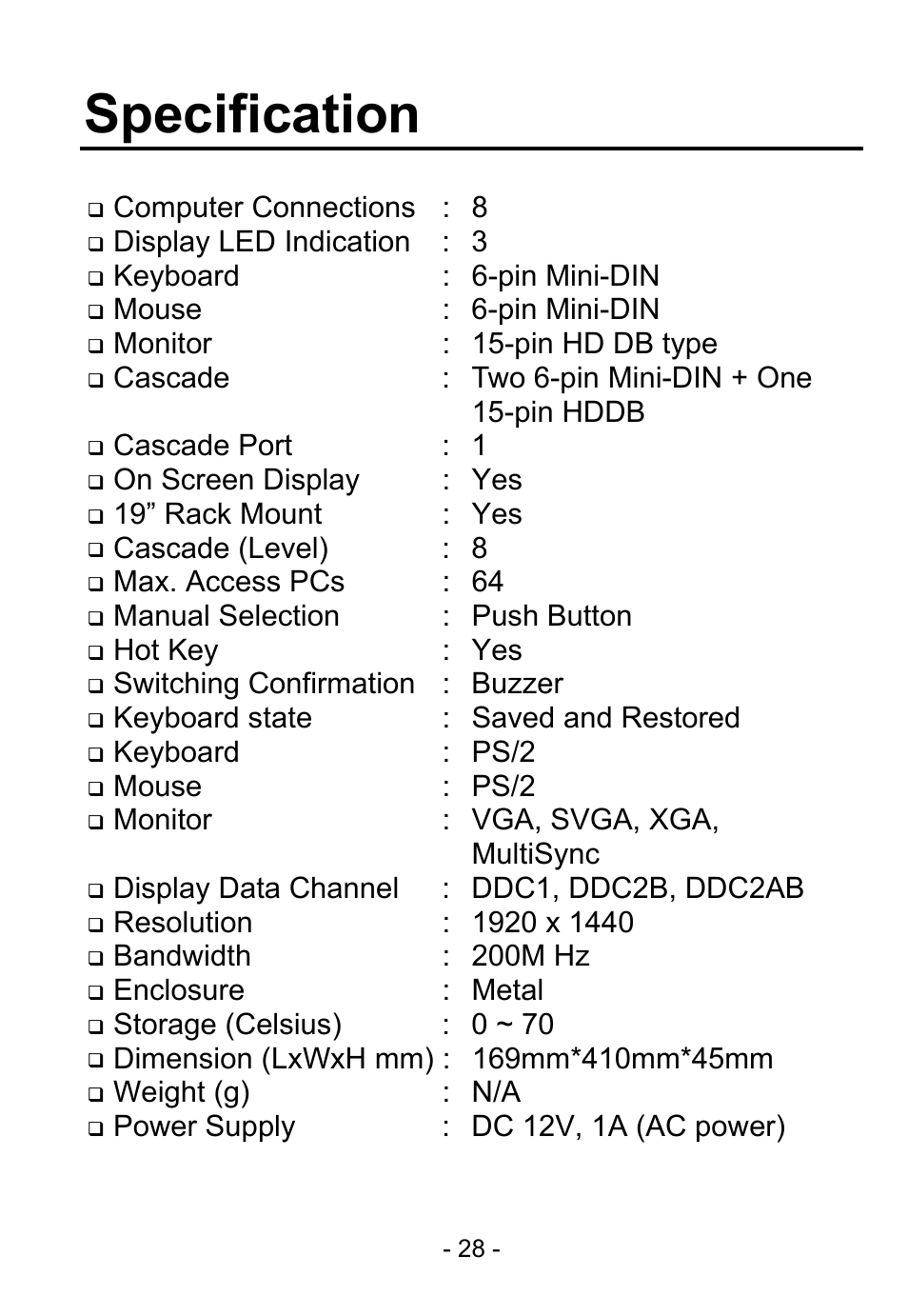 Specification | D-Link DKVM-8E User Manual | Page 30 / 30