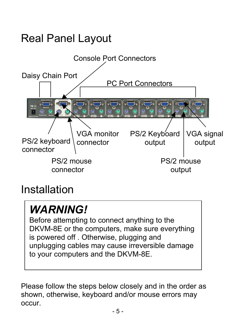 Real panel layout, Installation, Warning | D-Link DKVM-8E User Manual | Page 7 / 30