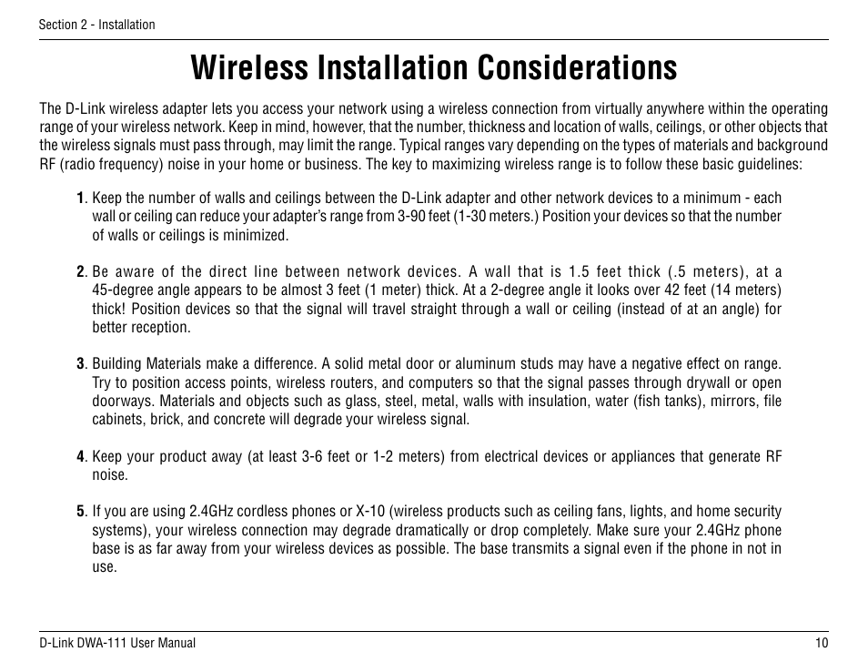 Wireless installation considerations | D-Link DWA-111 User Manual | Page 10 / 49