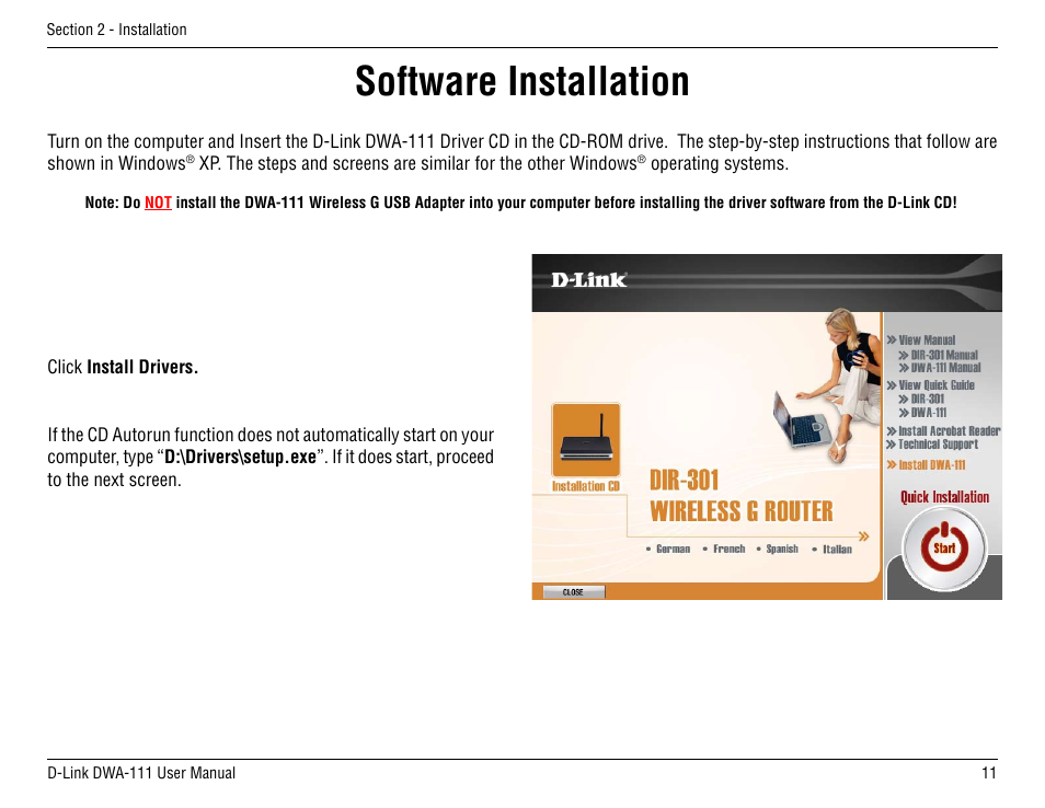 Software installation | D-Link DWA-111 User Manual | Page 11 / 49