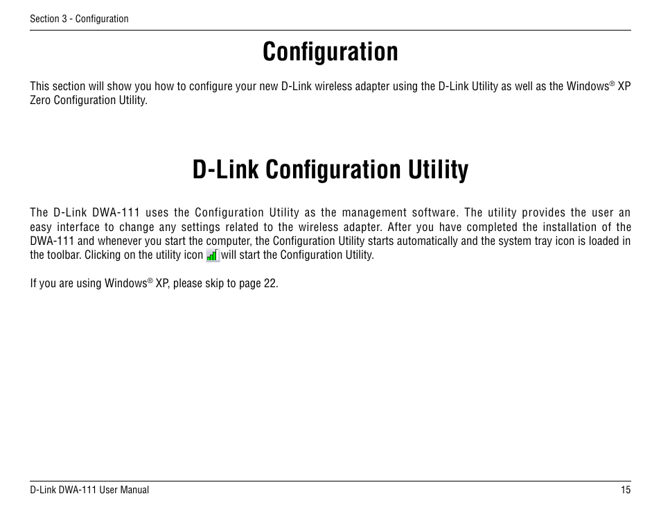 Configuration, D-link configuration utility | D-Link DWA-111 User Manual | Page 15 / 49