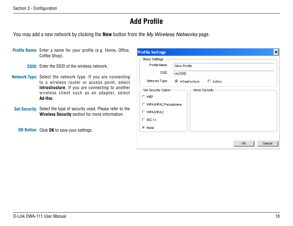 Add profile | D-Link DWA-111 User Manual | Page 18 / 49