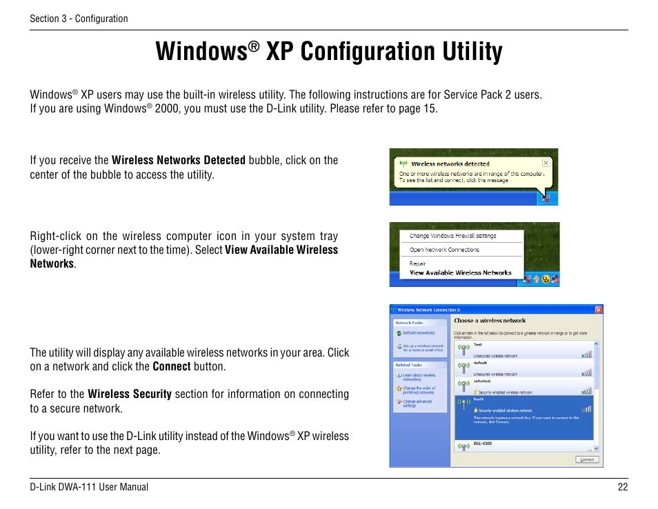 Windows, Xp configuration utility | D-Link DWA-111 User Manual | Page 22 / 49