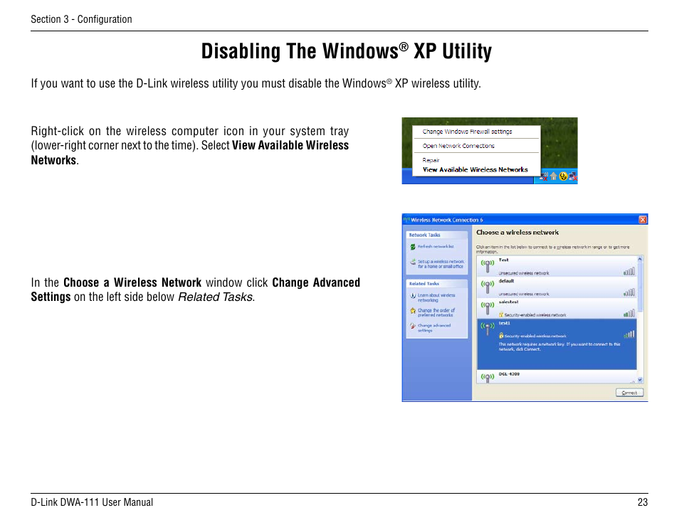 Disabling the windows, Xp utility | D-Link DWA-111 User Manual | Page 23 / 49