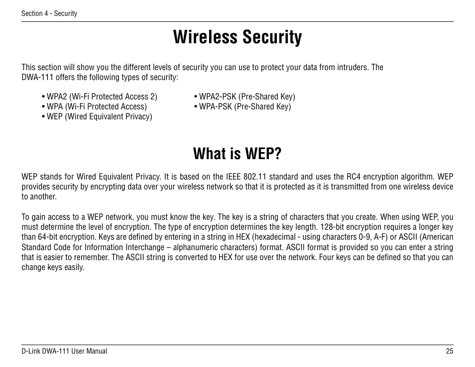 Wireless security, What is wep | D-Link DWA-111 User Manual | Page 25 / 49