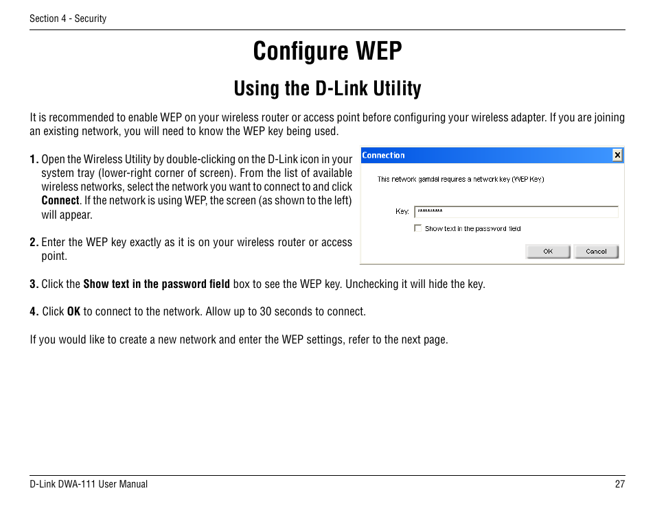 Configure wep, Using the d-link utility | D-Link DWA-111 User Manual | Page 27 / 49