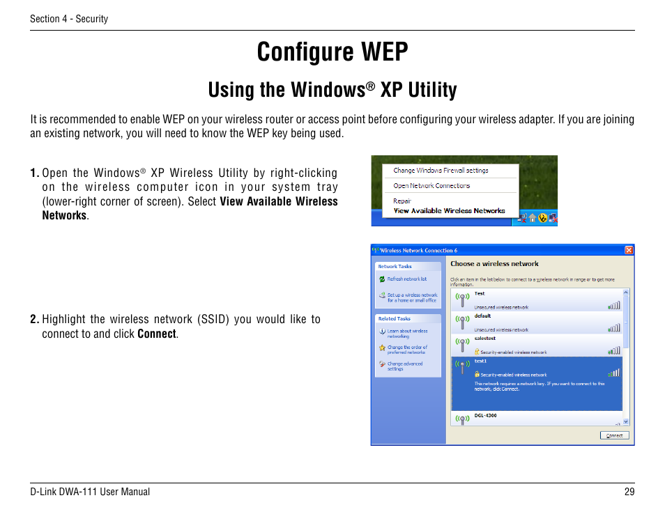 Configure wep, Using the windows, Xp utility | D-Link DWA-111 User Manual | Page 29 / 49