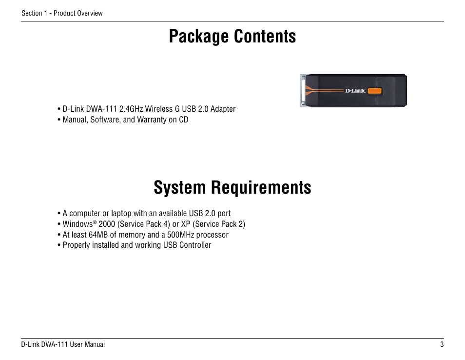 System requirements, Product overview package contents | D-Link DWA-111 User Manual | Page 3 / 49