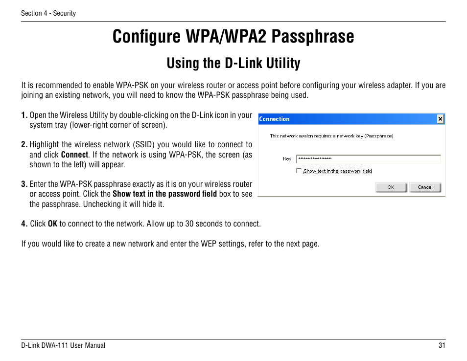 Configure wpa/wpa2 passphrase, Using the d-link utility | D-Link DWA-111 User Manual | Page 31 / 49