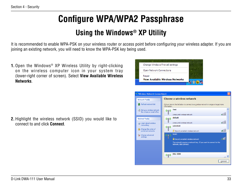 Configure wpa/wpa2 passphrase, Using the windows, Xp utility | D-Link DWA-111 User Manual | Page 33 / 49