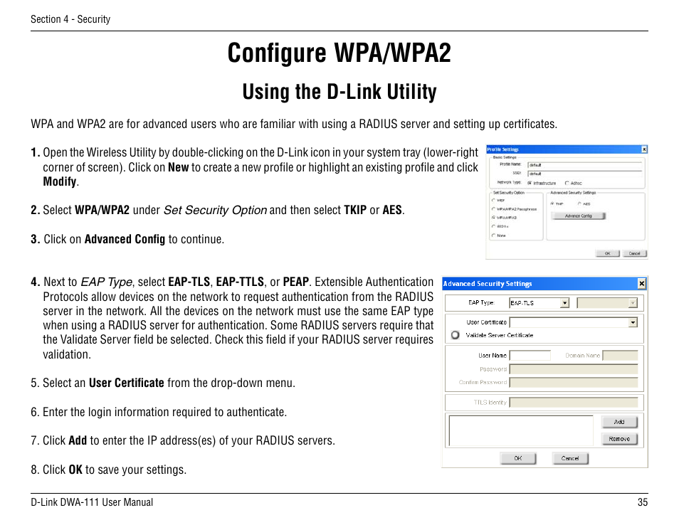 Configure wpa/wpa2, Using the d-link utility | D-Link DWA-111 User Manual | Page 35 / 49