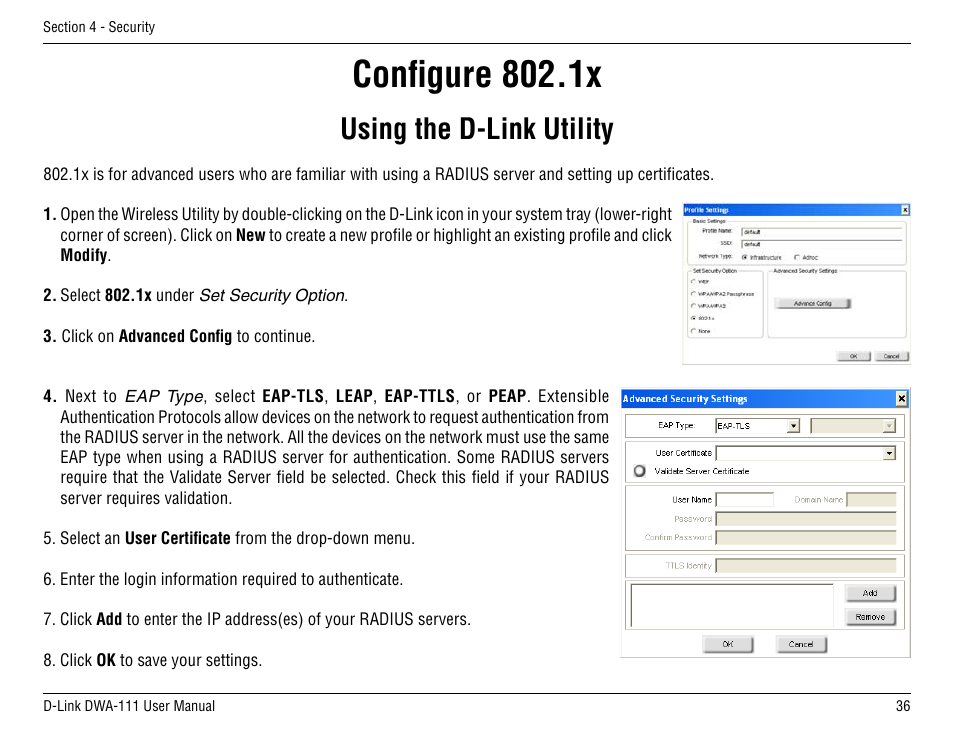 Configure 802.1x, Using the d-link utility | D-Link DWA-111 User Manual | Page 36 / 49