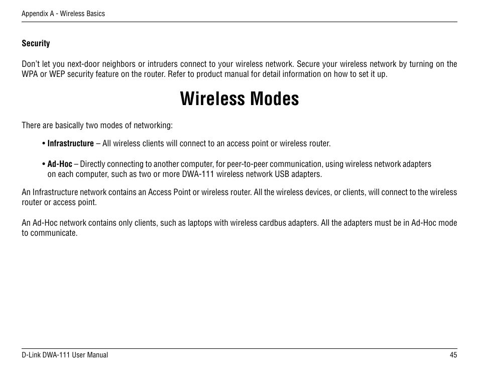 Wireless modes | D-Link DWA-111 User Manual | Page 45 / 49