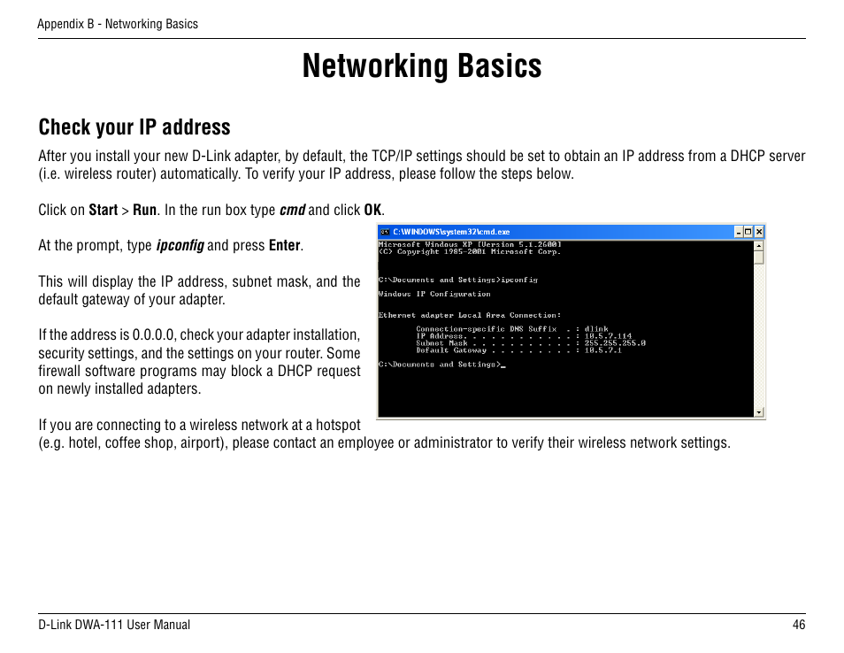 Networking basics, Check your ip address | D-Link DWA-111 User Manual | Page 46 / 49