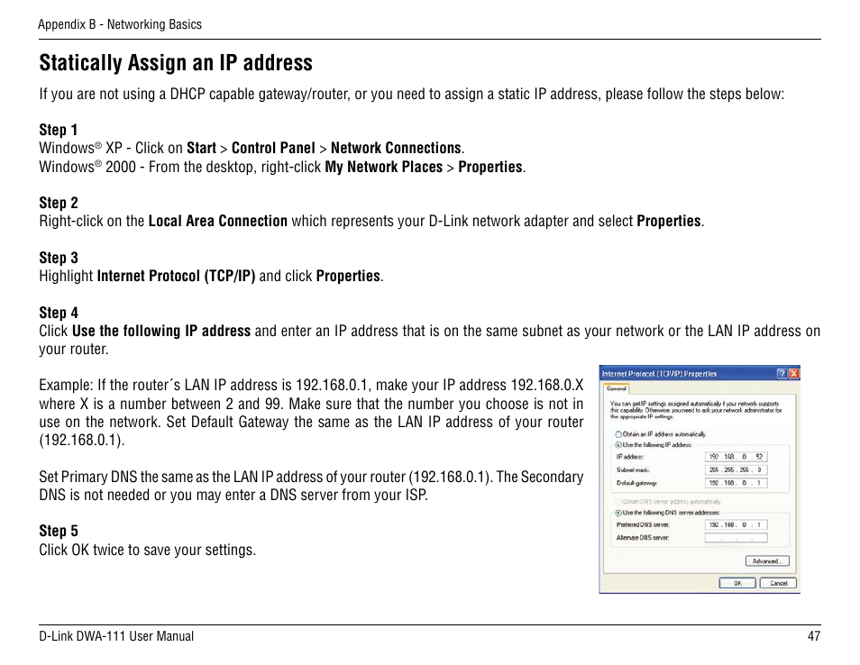 Statically assign an ip address | D-Link DWA-111 User Manual | Page 47 / 49