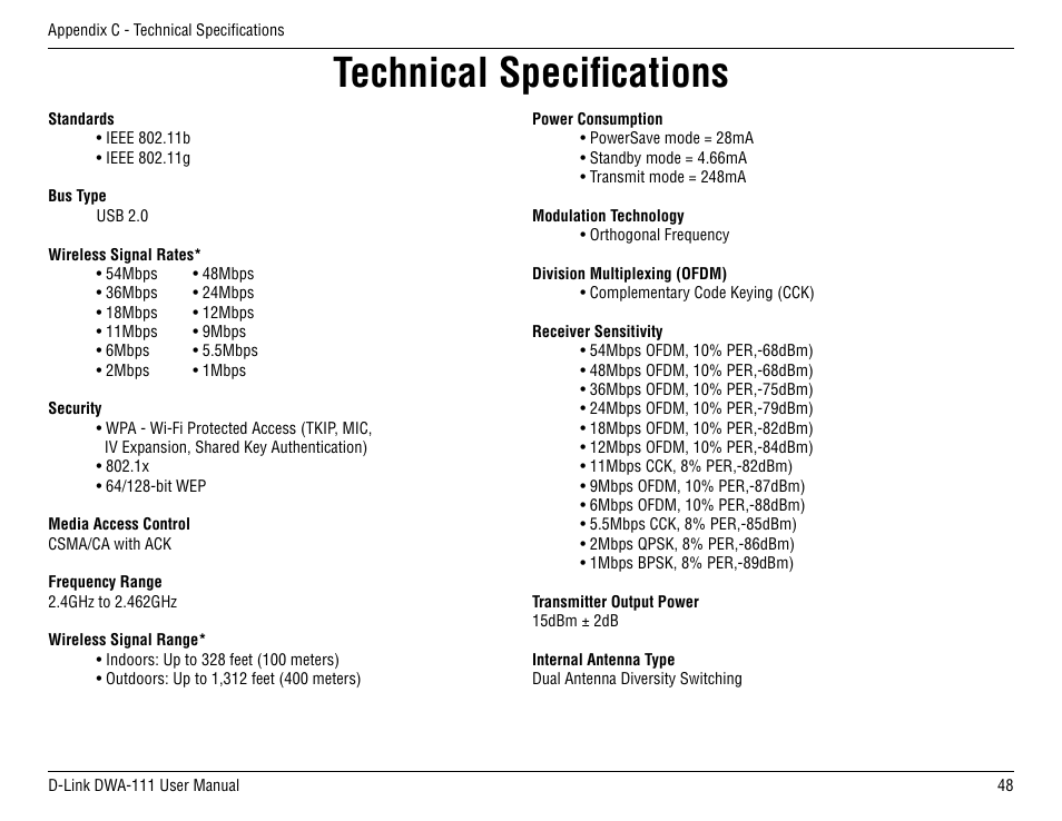 Technical specifications | D-Link DWA-111 User Manual | Page 48 / 49