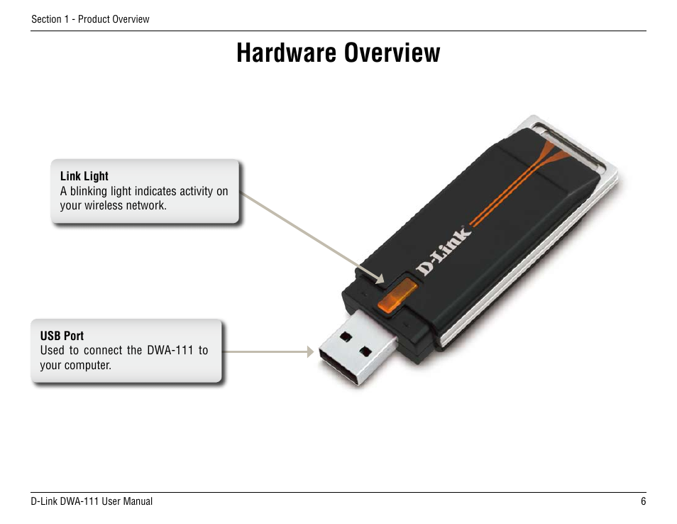 Hardware overview | D-Link DWA-111 User Manual | Page 6 / 49