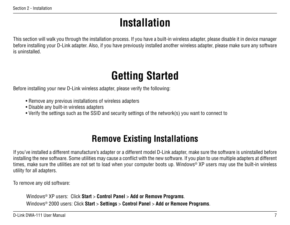 Getting started installation, Remove existing installations | D-Link DWA-111 User Manual | Page 7 / 49