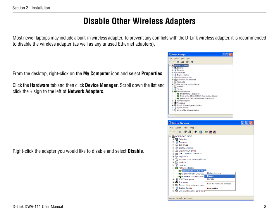 Disable other wireless adapters | D-Link DWA-111 User Manual | Page 8 / 49