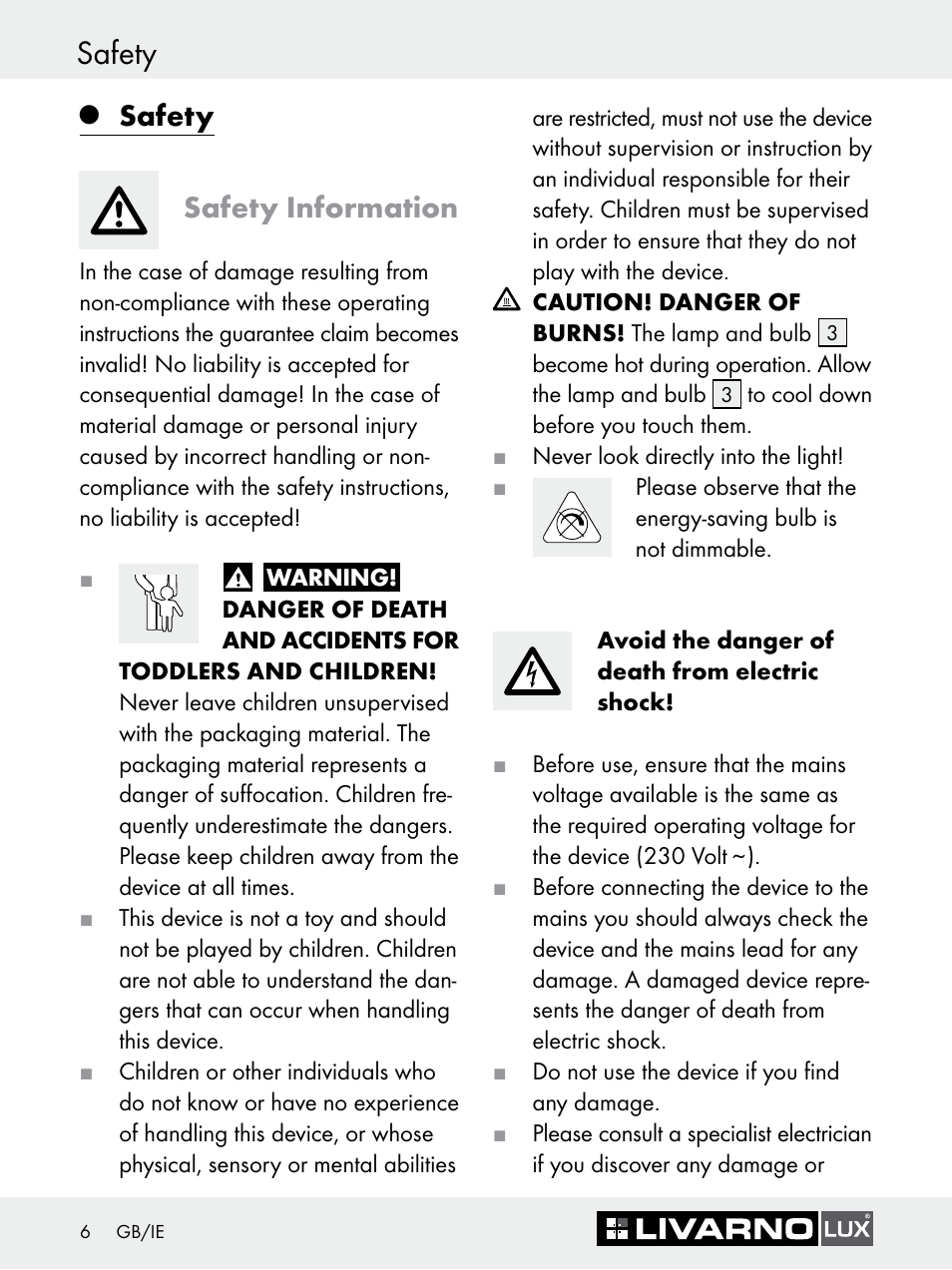 Safety, Safety safety information | Livarno Z30618A-BS Z30618B-BS User Manual | Page 6 / 9