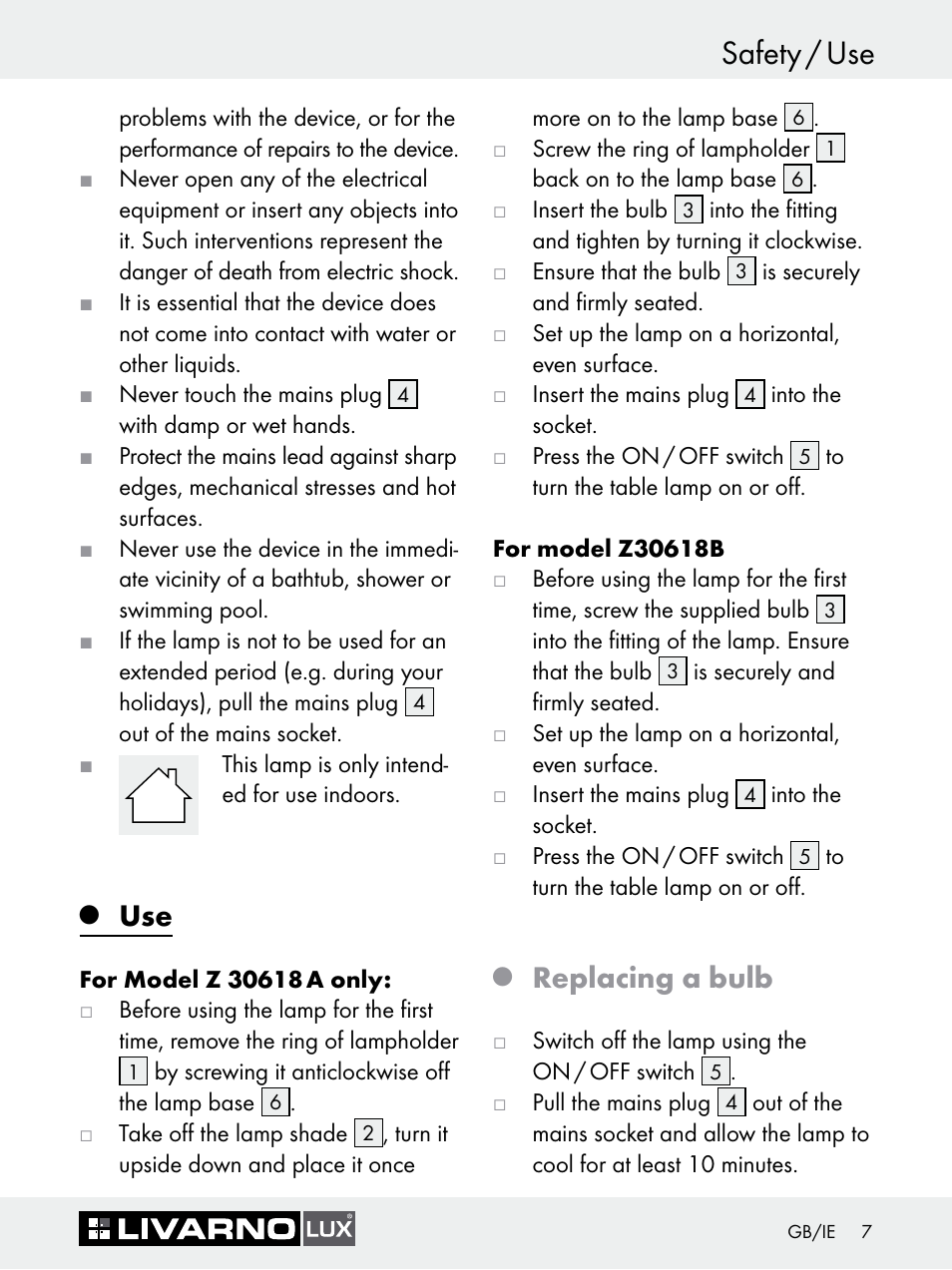 Safety / use, Replacing a bulb | Livarno Z30618A-BS Z30618B-BS User Manual | Page 7 / 9