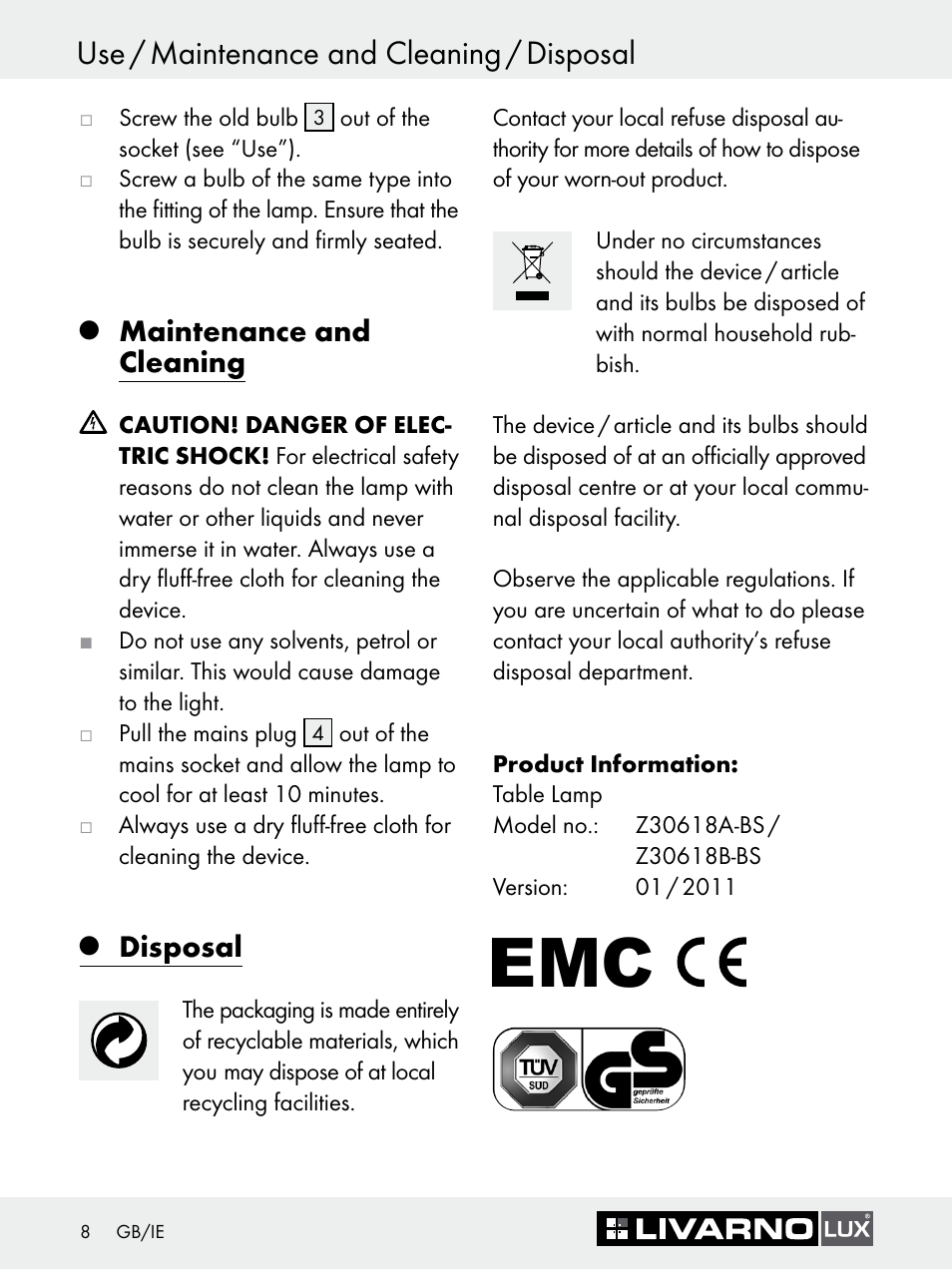 Use / maintenance and cleaning / disposal, Maintenance and cleaning, Disposal | Livarno Z30618A-BS Z30618B-BS User Manual | Page 8 / 9