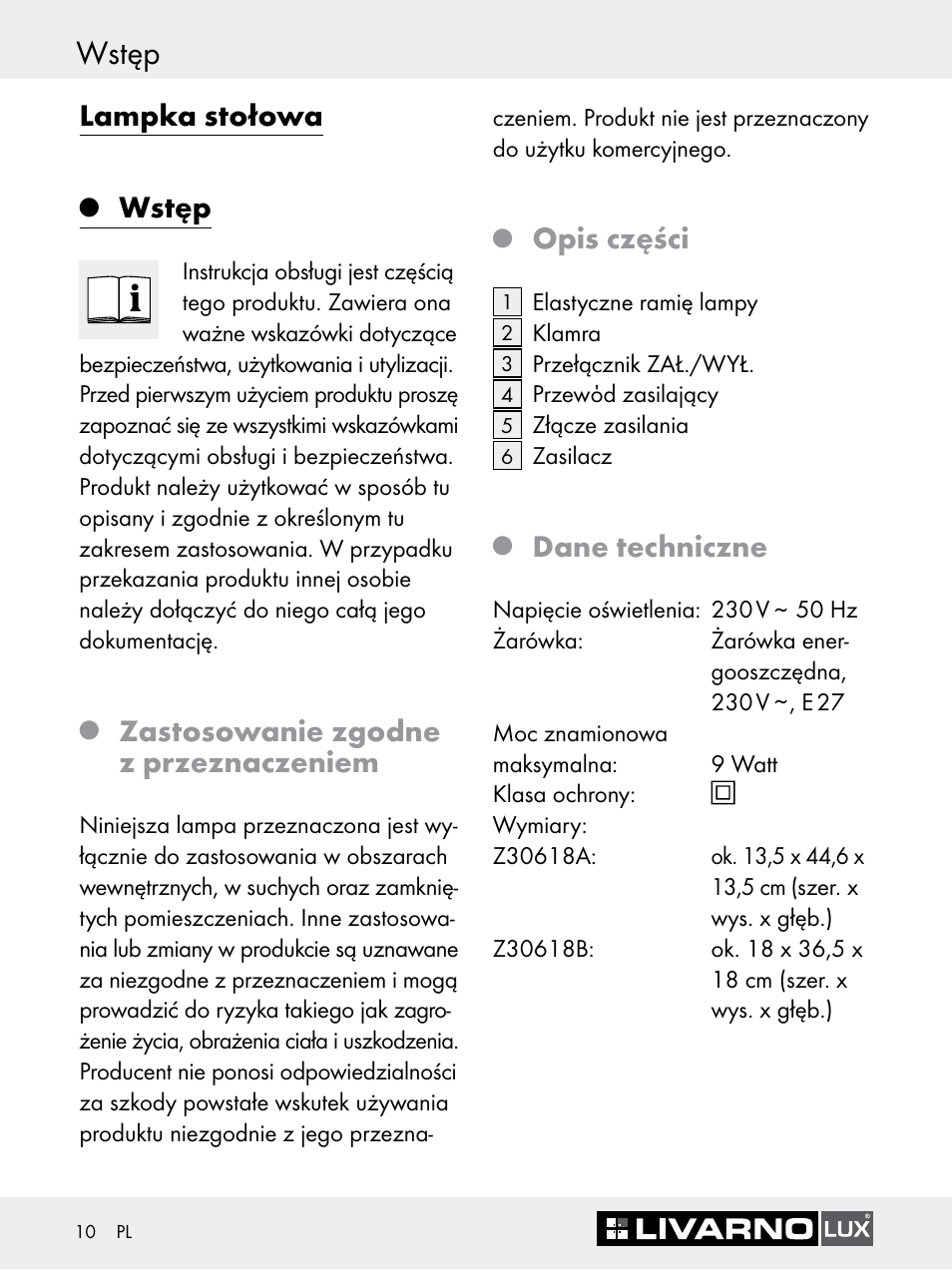 Wstęp, Lampka stołowa, Zastosowanie zgodne z przeznaczeniem | Opis części, Dane techniczne | Livarno Z30618A-BS Z30618B-BS User Manual | Page 10 / 45