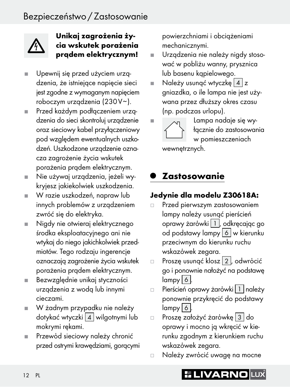 Bezpieczeństwo / zastosowanie, Zastosowanie | Livarno Z30618A-BS Z30618B-BS User Manual | Page 12 / 45