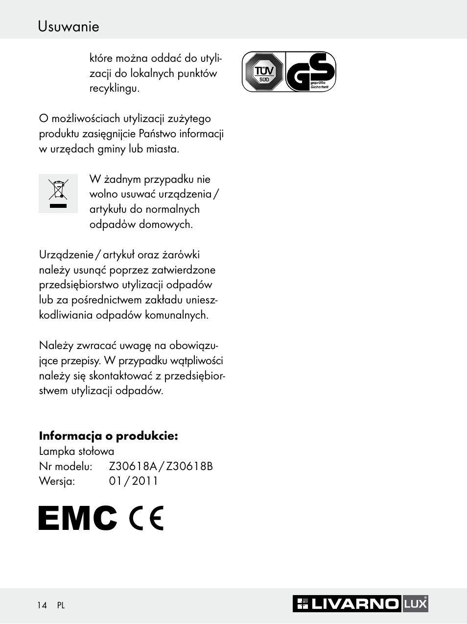 Usuwanie | Livarno Z30618A-BS Z30618B-BS User Manual | Page 14 / 45