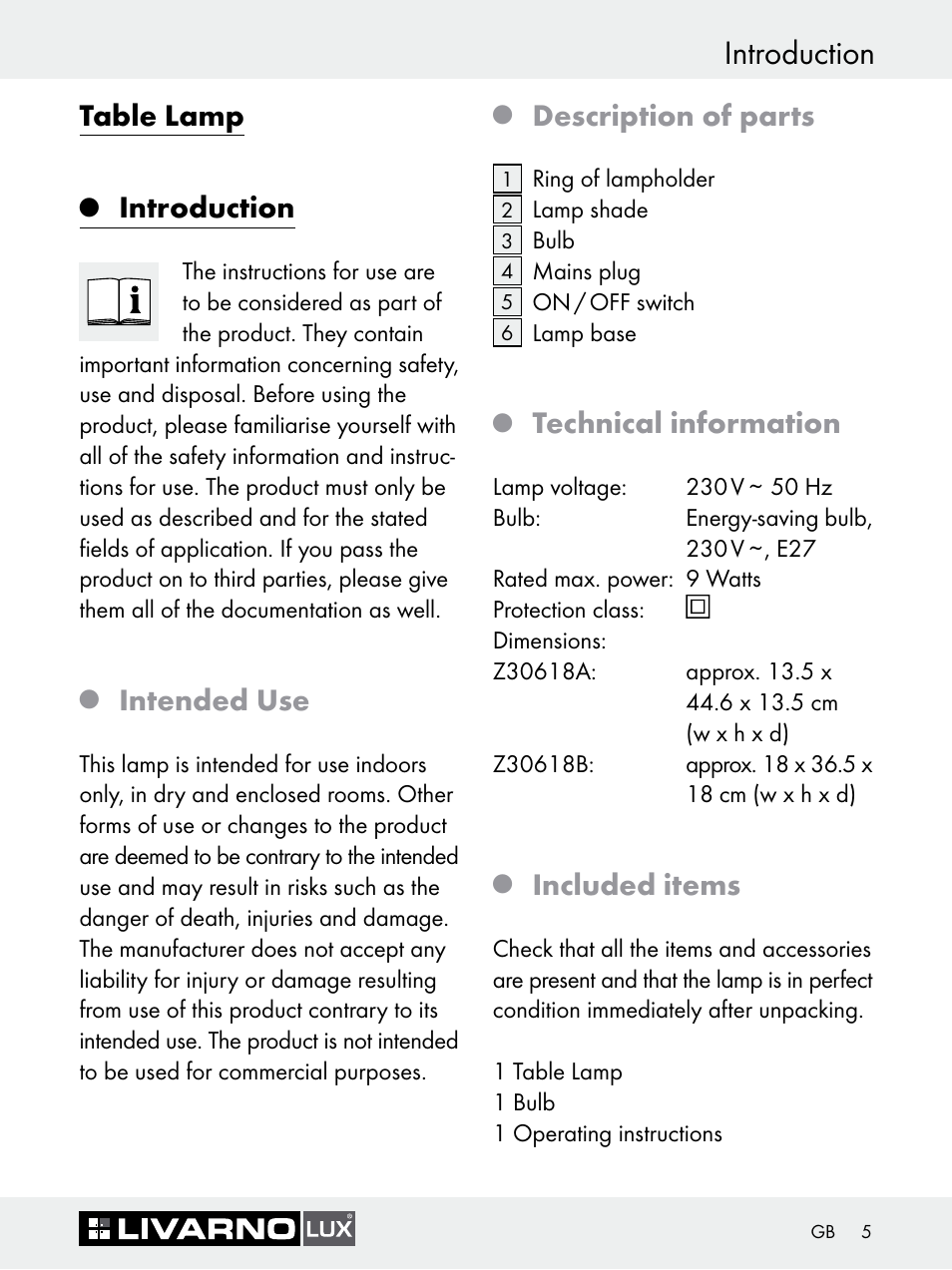 Introduction, Table lamp, Intended use | Description of parts, Technical information, Included items | Livarno Z30618A-BS Z30618B-BS User Manual | Page 5 / 45