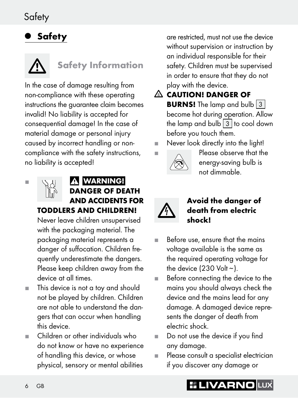 Safety, Safety safety information | Livarno Z30618A-BS Z30618B-BS User Manual | Page 6 / 45