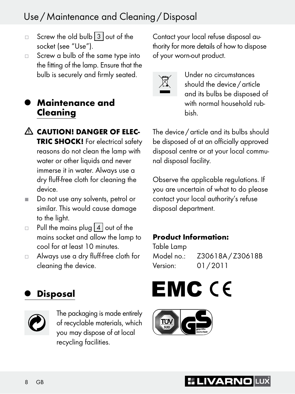 Use / maintenance and cleaning / disposal, Maintenance and cleaning, Disposal | Livarno Z30618A-BS Z30618B-BS User Manual | Page 8 / 45