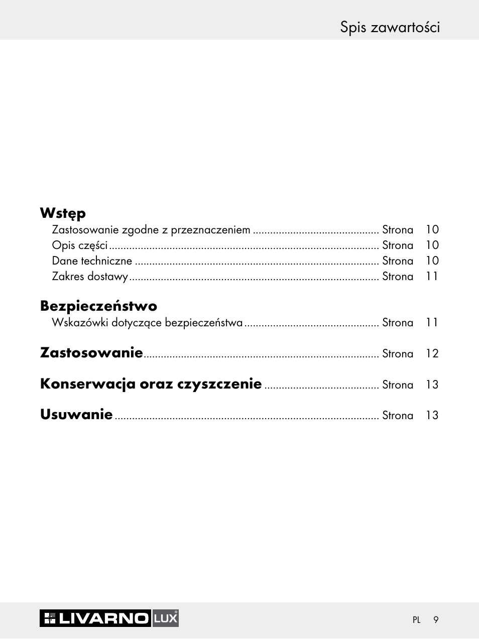 Spis zawartości, Wstęp, Bezpieczeństwo | Zastosowanie, Konserwacja oraz czyszczenie, Usuwanie | Livarno Z30618A-BS Z30618B-BS User Manual | Page 9 / 45