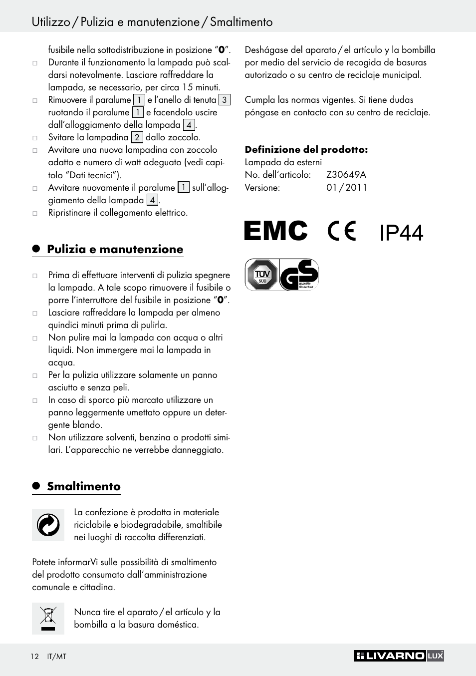 Utilizzo / pulizia e manutenzione / smaltimento, Pulizia e manutenzione, Smaltimento | Livarno Z30649A User Manual | Page 12 / 31