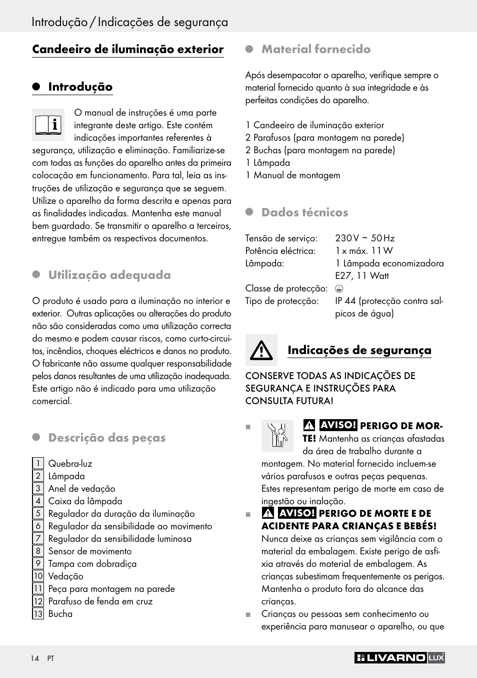 Introdução / indicações de segurança, Candeeiro de iluminação exterior, Introdução | Utilização adequada, Descrição das peças, Material fornecido, Dados técnicos, Indicações de segurança | Livarno Z30649A User Manual | Page 14 / 31