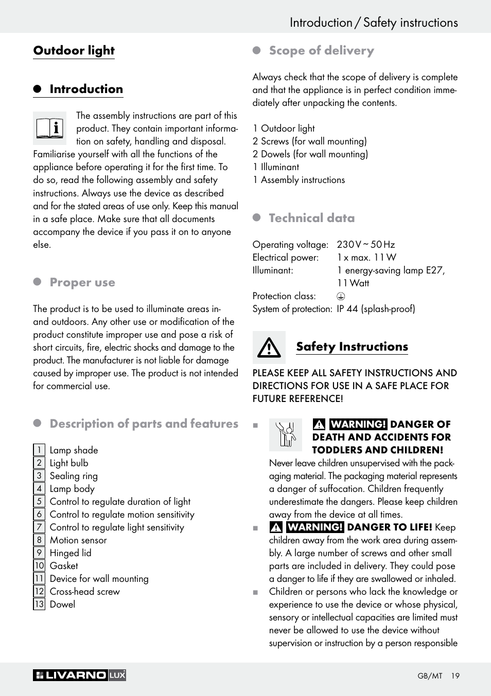Introduction / safety instructions, Outdoor light, Introduction | Proper use, Description of parts and features, Scope of delivery, Technical data, Safety instructions | Livarno Z30649A User Manual | Page 19 / 31