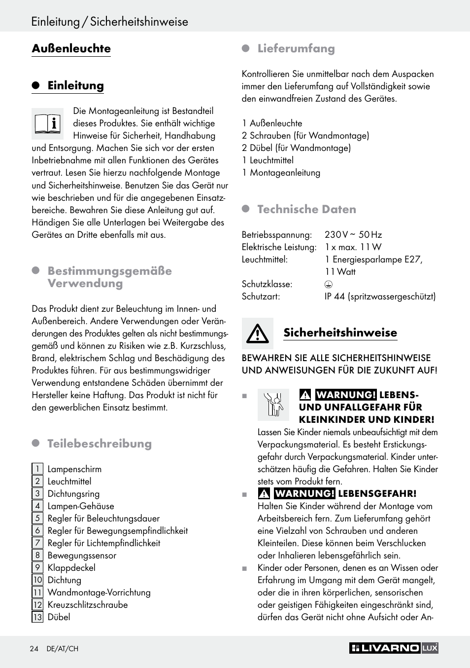 Einleitung / sicherheitshinweise, Außenleuchte, Einleitung | Bestimmungsgemäße verwendung, Teilebeschreibung, Lieferumfang, Technische daten, Sicherheitshinweise | Livarno Z30649A User Manual | Page 24 / 31