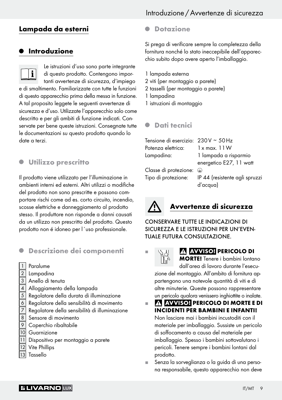 Introduzione / avvertenze di sicurezza, Lampada da esterni, Introduzione | Utilizzo prescritto, Descrizione dei componenti, Dotazione, Dati tecnici, Avvertenze di sicurezza | Livarno Z30649A User Manual | Page 9 / 31