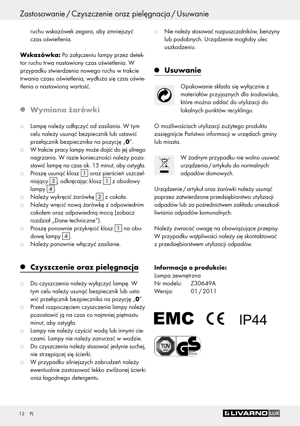 Wymiana żarόwki, Czyszczenie oraz pielęgnacja, Usuwanie | Livarno Z30649A User Manual | Page 12 / 41