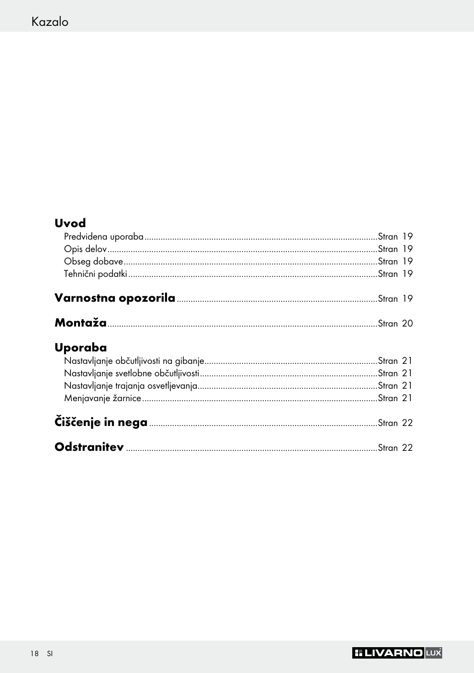 Kazalo | Livarno Z30649A User Manual | Page 18 / 41