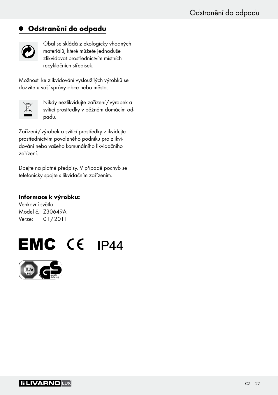 Odstranění do odpadu | Livarno Z30649A User Manual | Page 27 / 41