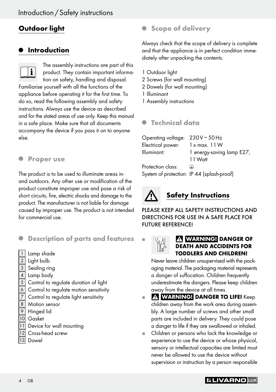 Introduction / safety instructions, Outdoor light, Introduction | Proper use, Description of parts and features, Scope of delivery, Technical data, Safety instructions | Livarno Z30649A User Manual | Page 4 / 41