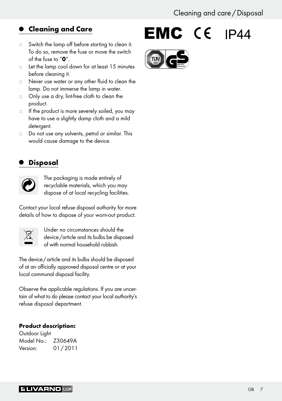 Cleaning and care / disposal, Cleaning and care, Disposal | Livarno Z30649A User Manual | Page 7 / 41