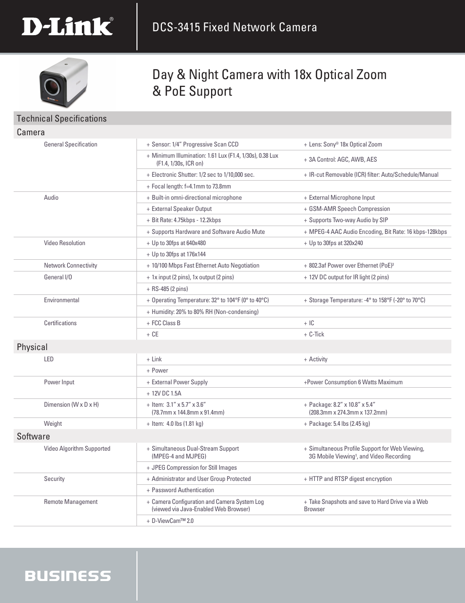 Dcs-3415 fixed network camera, Technical specifications camera, Physical | Software | D-Link DCS-3415 User Manual | Page 2 / 3
