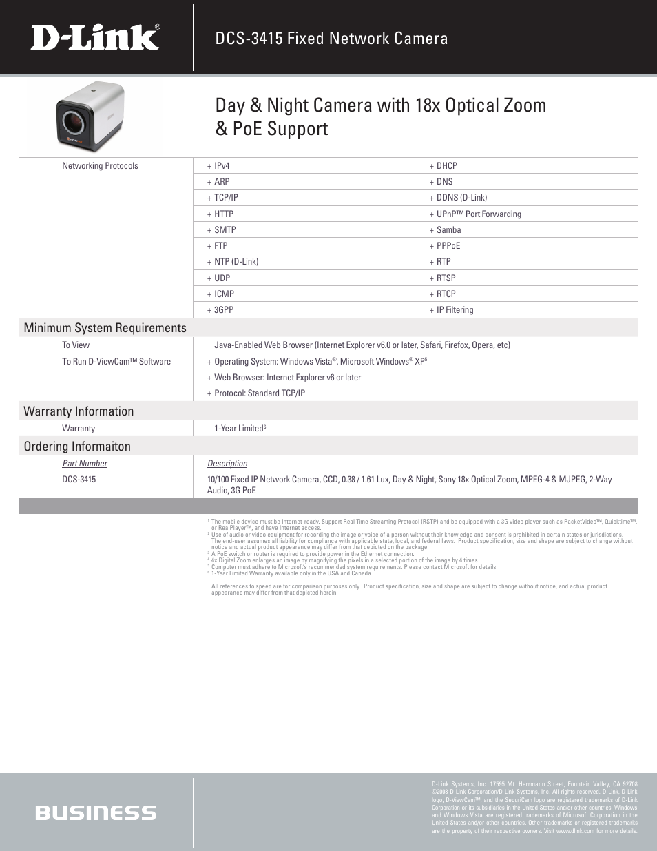 Dcs-3415 fixed network camera, Minimum system requirements, Warranty information | Ordering informaiton | D-Link DCS-3415 User Manual | Page 3 / 3