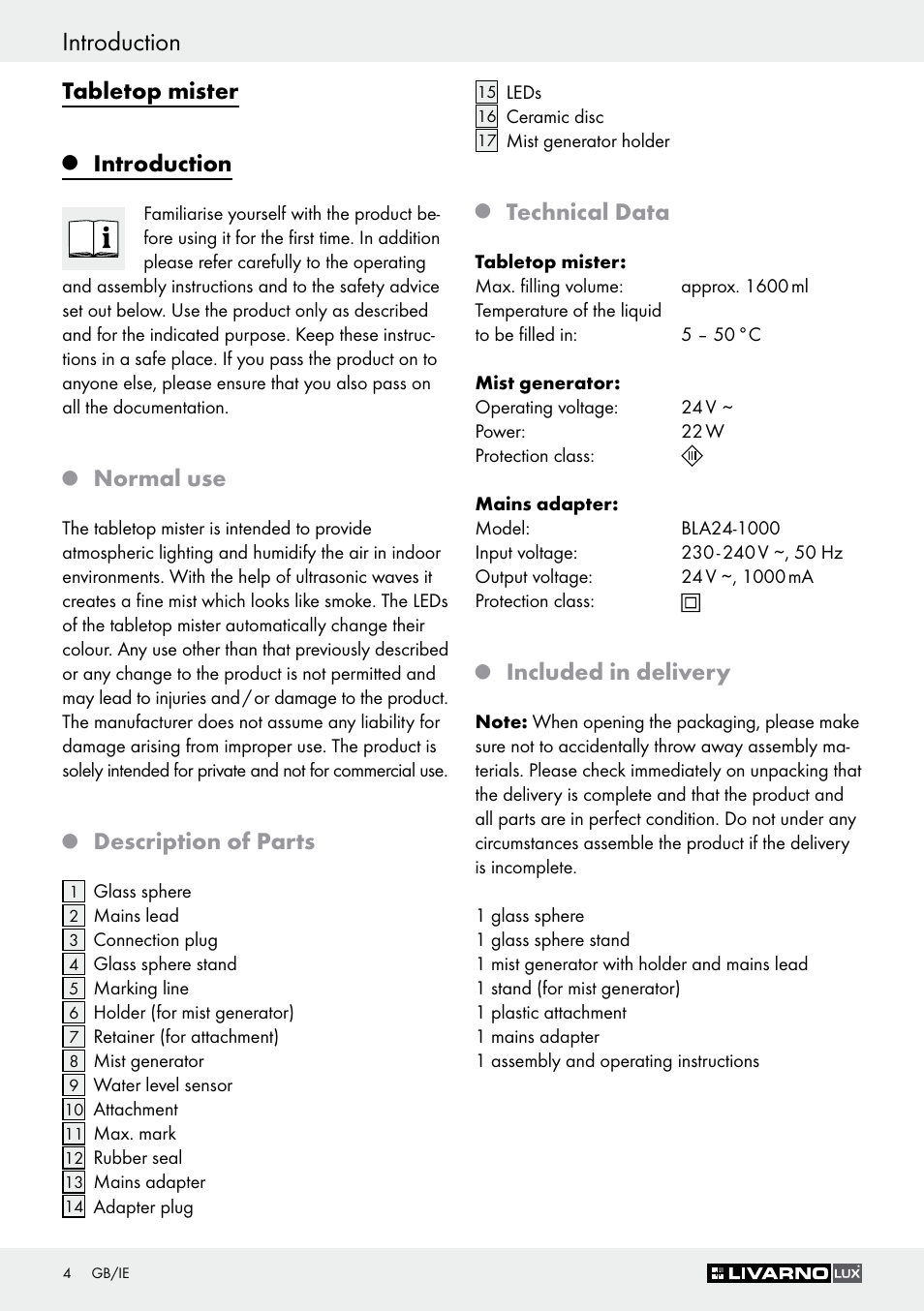 Introduction, Tabletop mister, Normal use | Description of parts, Technical data, Included in delivery | Livarno Z30591A-BS User Manual | Page 4 / 11