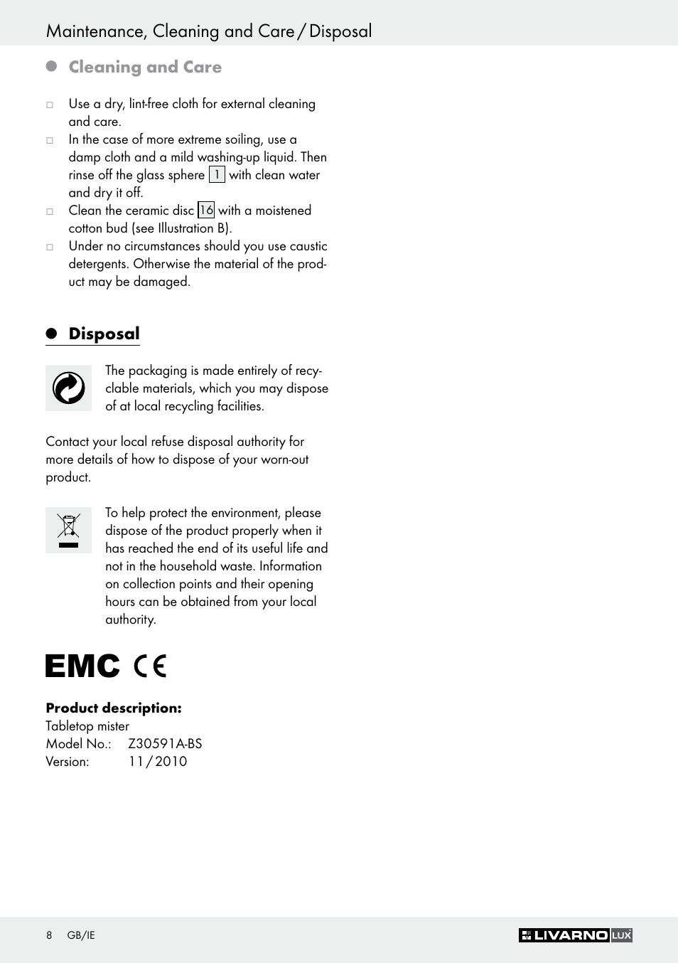 Maintenance, cleaning and care / disposal, Cleaning and care, Disposal | Livarno Z30591A-BS User Manual | Page 8 / 11