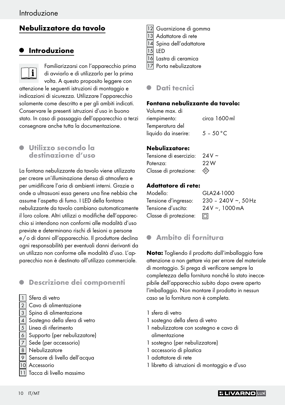 Introduzione, Nebulizzatore da tavolo, Utilizzo secondo la destinazione d’uso | Descrizione dei componenti, Dati tecnici, Ambito di fornitura | Livarno Z30591A-BS User Manual | Page 10 / 35